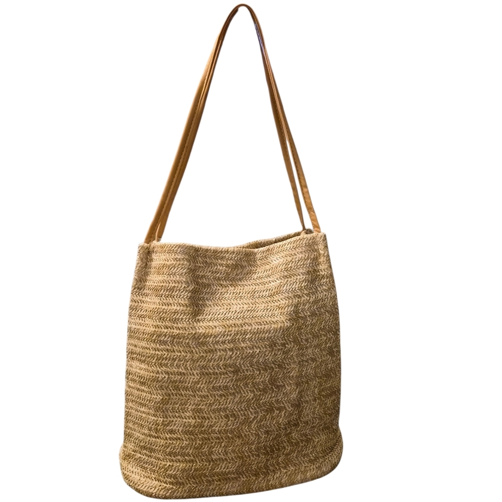 Woven Straw Tote Bag Natural with Leather Straps
